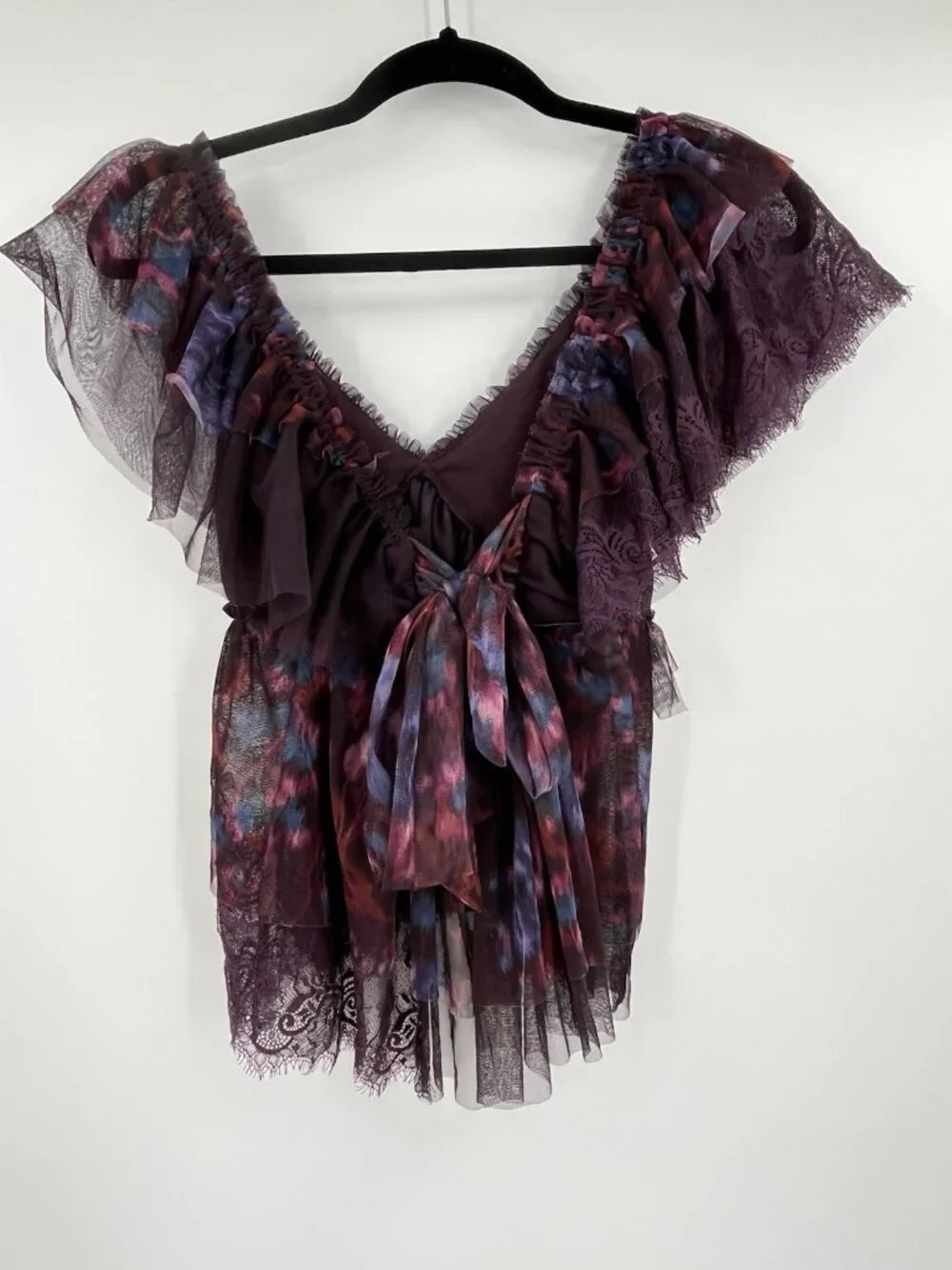 BY ANTHROPOLOGIE Womens Purple Abstract Tulle Ruffle Tie Back Top NWT Small - Picture 8 of 8